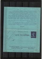 CTN27 - CARTE LETTRE PNEUMATIQUE SEMEUSE CAMEE 30c DATE 129 42 VILLES AU VERSO - Pneumatische Post