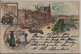 Gruss Aus Hamburg - Jungfernstieg, Milchkarren, Dienstmädchen, Vierländerin - Lithographie - Mitte