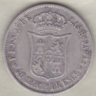 Espagne , 40 Centimos De Escudo 1868 (*18*68) Isabel II . Argent .KM# 628.2 - Primeras Acuñaciones