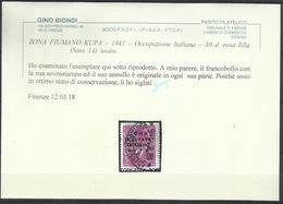 OCCUPAZIONE ITALIANA: ZONA FIUMANO KUPA 1941 SOPRASTAMPATO OVERPRINTED 30 D USATO USED OBLITERE' CERTIFICATO - Fiume & Kupa