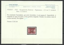 FEZZAN LIBYA 1943 SEGNATASSE LIBIA SOPRASTAMPATO SURCHARGED POSTAGE DUE TASSE 5 FRANCHI SU 1 LIRA MLH CERTIFICATO - Fezzan & Ghadames