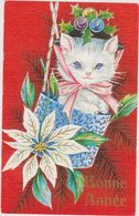 CARTE,BONNE ANNEE AVEC CHAT,CHATE,NOUVEAU NE,CAT,CADEAU,POT DE FLEUR - Neujahr