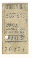 ANCIEN TICKET DE METRO  MAILLOT    VALABLE  CE JOUR  SEULEMENT  2EME  CL CPA1486 - Europe