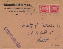 Lettre Imprime Mazelin Paire 1F Le Pre ST Gervais Seine Pour Chicago - 1921-1960: Modern Period