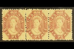 TASMANIA 1869 6d Reddish Mauve, Perf 12, Wmk Double Lined Numerals, SG 76, Superb Never Hinged Mint Strip Of 3. Lovely   - Sonstige & Ohne Zuordnung