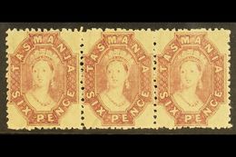 TASMANIA 1869 6d Reddish Mauve, Perf 12, Wmk Double Lined Numerals, SG 76, Superb Never Hinged Mint Strip Of 3. Lovely   - Andere & Zonder Classificatie