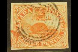 1851 3d Orange-vermilion Beaver On Laid Paper, SG 1a, Four Clear To Good Margins, Neat Target Cancel. For More Images, P - Other & Unclassified