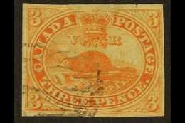 1852-57 3d Orange- Red On Thin Paper, Unitrade 4d, Used Lightly Cancelled With 4 Margins. For More Images, Please Visit  - Other & Unclassified