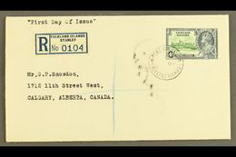 1935 4d Green And Indigo Silver Jubilee, SG 141, Fine Used On Registered First Day Cover To Canada, Tied By PORT STANLEY - Islas Malvinas