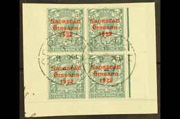 1922-23 SAORSTAT 4d Grey-green, Right Marginal Block Of Four, Showing NO ACCENT, SG 58a, On A Piece Tied By Cds's. For M - Andere & Zonder Classificatie