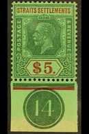 1921 $5 Green And Red On Green, Geo V, SG 240a, Superb Never Hinged Mint, Plate 14, Margin Copy. For More Images, Please - Straits Settlements