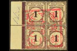 MALACCA 1942 1c Slate Purple, Straits Settlements Postage Due, Marginal Block Of 4, With Complete "Malacca Chop", SG JD1 - Otros & Sin Clasificación