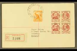 1951 (Nov) "Roger Wells" Envelope Registered To England, Bearing Australia ½d Roo And 100 Years Block Of Four Tied ANGOR - Papua-Neuguinea