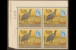 1964 10s EXTRA FEATHER Variety, SG 104a, Within Never Hinged Mint Positional Upper Left Corner BLOCK Of 4, Attractive. ( - Southern Rhodesia (...-1964)