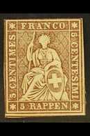 1854 5r Yellow Brown, Yellow Thread, Sitting Helvetia, SG 33, Fresh Mint Og, Clear Margins To 2 Sides. Cat £650 For More - Sonstige & Ohne Zuordnung