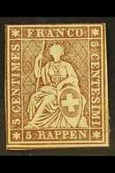 1854 5r Yellow Brown, Yellow Thread, Sitting Helvetia, SG 33, Fresh Mint Og, Clear Margins To 2 Sides. Cat £650 For More - Altri & Non Classificati