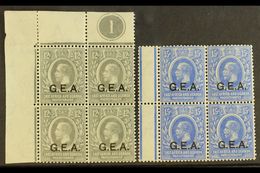 1921 12c Grey "G.E.A." Opt, SG 63, Upper Left Corner PLATE '1' BLOCK Of 4 Fine Mint (all Stamps NHM) And 15c Bright Blue - Tanganyika (...-1932)