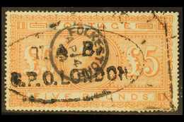1867-83 £5 Orange On White Paper, SG 137, Used, Skillful Repair & Perforation Faults At Lower Right Edge. Cat £4750 For  - Other & Unclassified