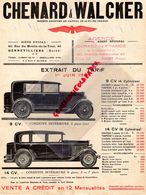 92- GENNEVILLIERS- 89- JOIGNY- RARE PUBLICITE CHENARD & WALCKER-EXTRAIT TARIF 1ER JUIN 1930- 9 CV- 14 CV - Auto's