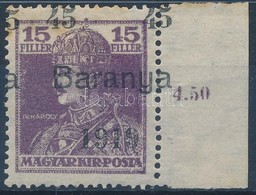 * Baranya I. 1919 Karoly 45f/15f Probanyomat Elcsuszott Feluelnyomassal, Bodor Vizsgalojellel (*12.500) (rozsda / Stain) - Sonstige & Ohne Zuordnung