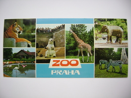 Czechoslovakia: ZOO PRAHA - Siberian Tiger, Flamengo, Polar Bear, Giraffe, Indian Elephant Panoramic Pc Unused 1970s - Unclassified