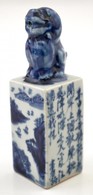 Kinai Pecsetnyomo, Kekfestett Mazas Porcelan, F? Kutya Figuraval / Chinese Porcelain Seal Maker With Pho Dog, 10,5 Cm - Andere & Zonder Classificatie
