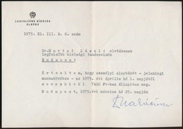 1975 Szakacs Oedoen (1912-1983) A Legfels?bb Birosag Elnoekenek Gepelt, Alairt Levele Hartai Laszlo (1925-1987) Legfels? - Unclassified