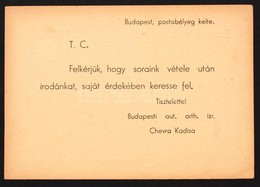 1944 A Budapesti Chevra Kadisa Levelez?lapja, Melyben Keri Hogy A Cimzett Sajat Erdekeben Keresse Fel Az Irodat. A Veszk - Other & Unclassified