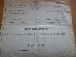 Patente Perception Bourg Saint Maurice Tignes 1852 Arnaud Frédéric Marchand Ambulant - Sonstige & Ohne Zuordnung