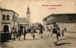 * T2/T3 Beregszasz, Berehove; Werb?czy Ter, Meisels Aron Pekuezlete; Auer K. Es Kovacs K. Kiadasa / Street, Shop - Ohne Zuordnung