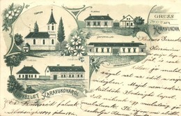 * T3 1899 Bacsordas, Karavukova, Karavukovo; Kirche, Pfarrhaus, Lehrer-Wohnung, Gemeindehaus, Notaer-Wohnung / Templom,  - Unclassified