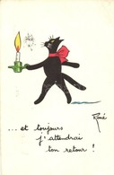 T2/T3 Cat Walks With Candle. French Art Postcard. S: Rene (EK) - Ohne Zuordnung