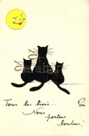 T2/T3 Cats Watching The Moon Or The Sun. French Hand-drawn Art Postcard. S: Poui (EB) - Non Classés