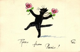 T2/T3 Cat With Roses. French Hand-drawn Art Postcard. S: Poui (EK) - Non Classés