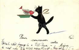 T2/T3 Cat With Fishbones. French Hand-drawn Art Postcard. S: Poui (EK) - Ohne Zuordnung