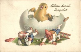 T2/T3 Kellemes Husveti Uennepeket! / Easter Greeting Card, Dwarves And Chicken. Erika Nr. 2002. Litho (EK) - Non Classificati