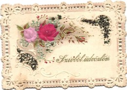 * T2 Floral Emb. Art Nouveau Litho Romantic Greeting Card With Silk Roses (11 Cm X 8 Cm) - Non Classés