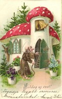 T2 Boldog Ujevet! / New Year Greeting Card, Mushroom House With Dwarf And Deer. Emb. Litho - Non Classés
