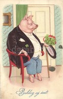 T2/T3 Boldog Ujevet! / New Year Greeting Card, Pig Gentleman Sitting In A Chair. Amag 1879. Litho (EK) - Zonder Classificatie