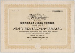 Debrecen 1926. 'Arany-bika Reszvenytarsasag' Reszvenye, Alacsony '000052'-es Sorszammal, Szarazpecsettel, Szelvenyekkel  - Zonder Classificatie