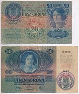 1913. 20K + 1914. 50K Mindkett? Hamis 'Mohacs Varos Penztari Hivatala 1919' Feluelbelyegzessel (fake Overprint) T:III,II - Non Classés