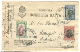 1917 Beautiful Tricolour Franking BULGARIAN POST In ROMANIA With Surcharged Stamps Sent From Bucarest - Covers & Documents