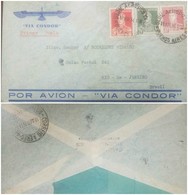 O) 1934 ARGENTINA, AIRMAIL.VIA CONDOR, JOSE DE SAN MARTIN - 5 CENTAVOS RED-10 CENTAVOS GREEN-30 CENTAVOS SCARLET, TO RIO - Lettres & Documents