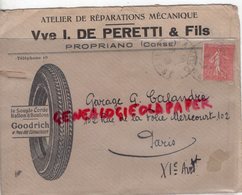 20- PROPRIANO- RARE ENVELOPPE VEUVE I. DE PERETTI & FILS- GARAGE ATELIER REPARATIONS MECANIQUE-PNEU GOODRICH-1920 - Auto's