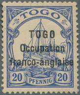 (*) Deutsche Kolonien - Togo - Französische Besetzung: 1915: 20 Pf. Ultramarin, Ungebraucht Ohne Gummi, - Togo