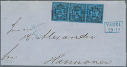 Br Oldenburg - Marken Und Briefe: 1852: 1/30 Th. Schwarz Auf Blau, Type III, Waagerechter Dreierstreife - Oldenburg