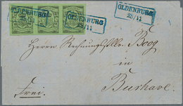Br Oldenburg - Marken Und Briefe: 1859/61: ⅓ Gr. Schwarz Auf Grünlicholiv, Waagerechter Dreierstreifen - Oldenburg