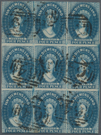 O Tasmanien: 1855, 4d. Blue, Wm Large Star, BLOCK OF NINE, Fresh And Deep Colour, Touched To Full Marg - Covers & Documents