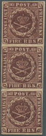 ** Dänemark: 1853 "Fire R.B.S." Dark Reddish Brown From 2nd Thiele Printing, Plate II, VERTICAL STRIP O - Covers & Documents