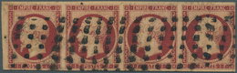 O Frankreich: 1853, 1 Fr Deep Carmine Napoleon, Horizontal Strip Of Four In Fresh Color, 3 Sides With - Used Stamps